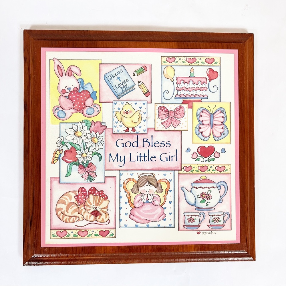 Wooden Wall Plaque Picture By Rasche “God Bless My Little Girl” Vintage